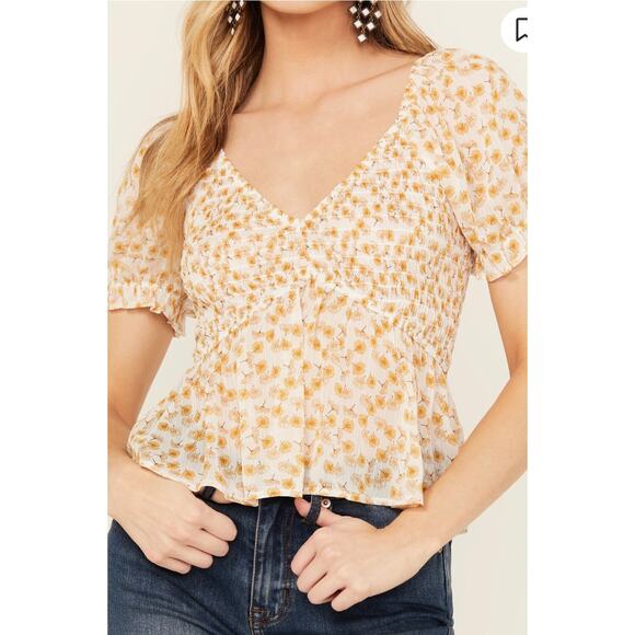 Ash & Violet Yellow White Daisy Floral Puff Sleeve Babydoll Smocked Top M Boho - Picture 3 of 11